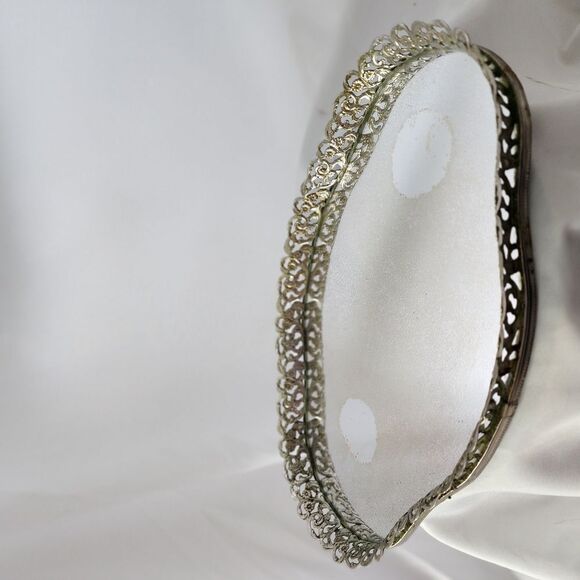 Vintage Ornate Metal Art Deco Vanity Mirrored Tray - Picture 6 of 12